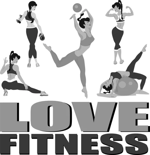 Uwielbiam Fitness Dziewczyny Ćwiczą Czarny Szary Biały — Zdjęcie stockowe