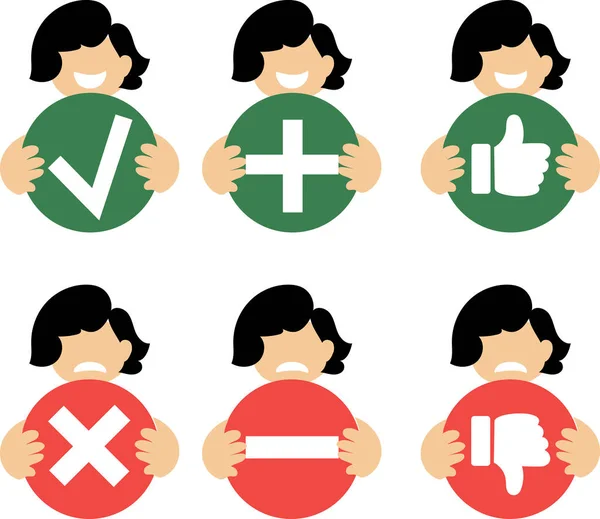 Forbidding signs, allowing signs. Check mark, plus, thumbs up, minus, cross, thumbs down. on a green and red background. girl holding signs