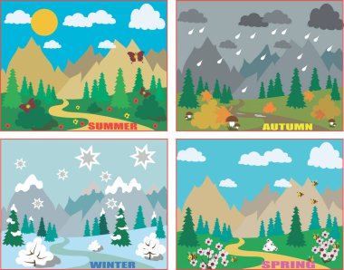  Mevsimler. Yaz sonbaharı Kış Baharı. Dağ güneşi, gökyüzü, bulutlar, yağmur, kar, çiçekler, arılar, kelebekler, yaylar, akçaağaçlar