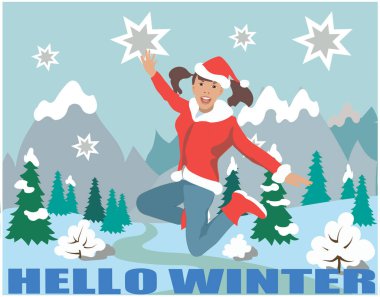 Merhaba kış. Noel Baba gibi giyinmiş bir kız karda zıplıyor..