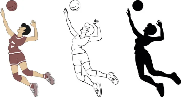 手を上げてジャンプでボールを持つバレーボール選手 ブラックラインシルエット — ストック写真
