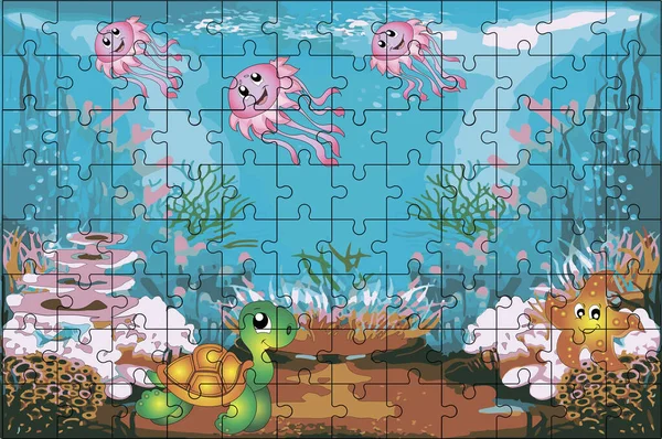 Puzzles. Seabed with turtle, jellyfish and starfish. Cartoon. 96 pcs