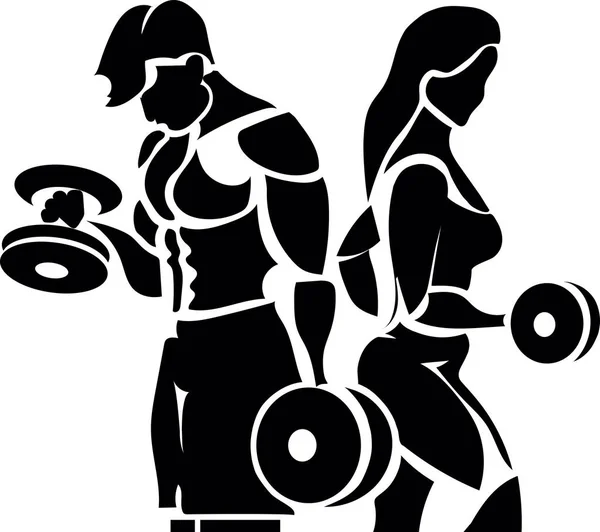 黑色风格的轮廓 一个男的和一个女的体育健身火车与哑铃 — 图库照片