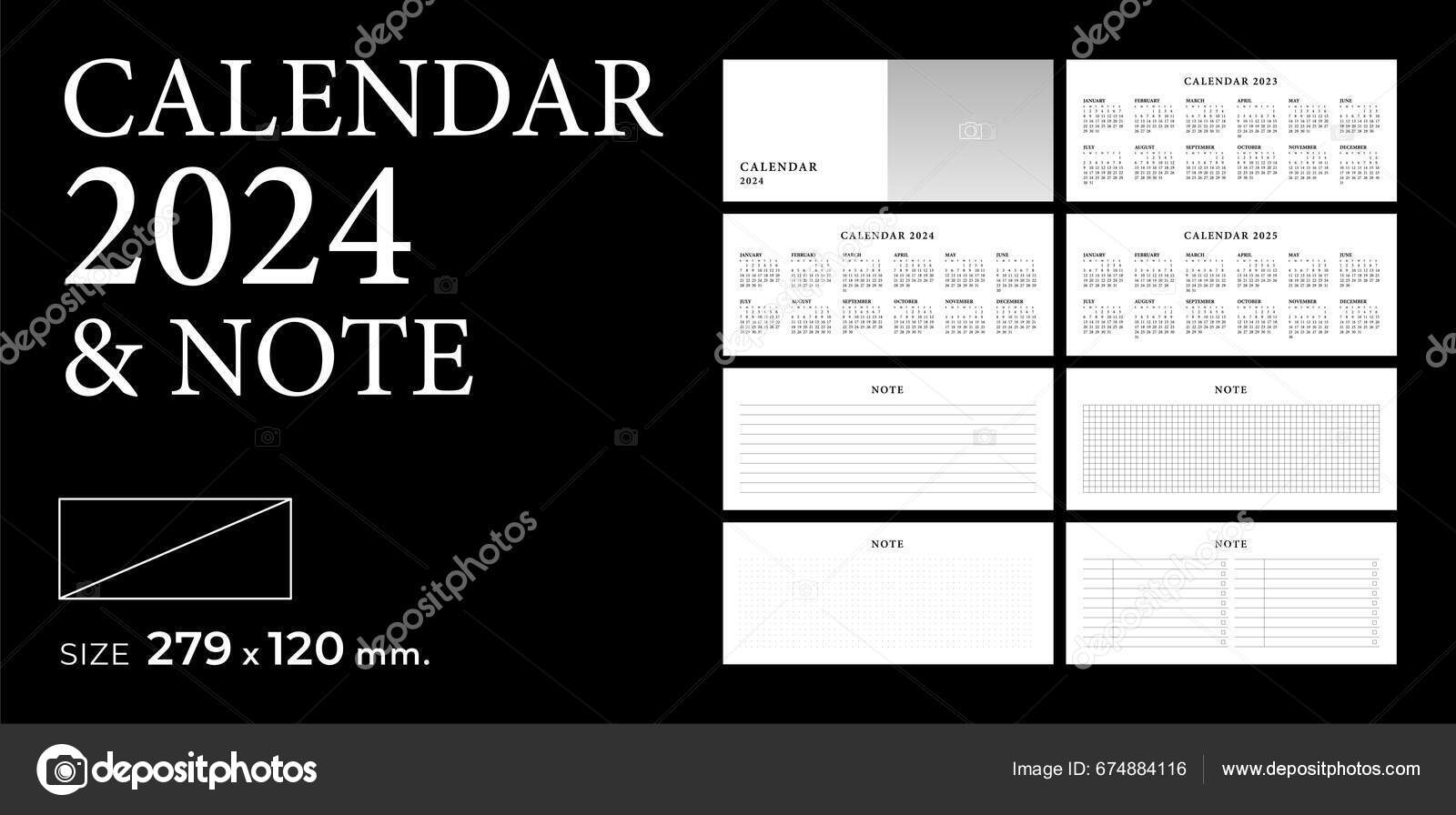 Kalender 2024 Bemærk Skabelon Planner Vektor Dagbog Minimalistisk Stil