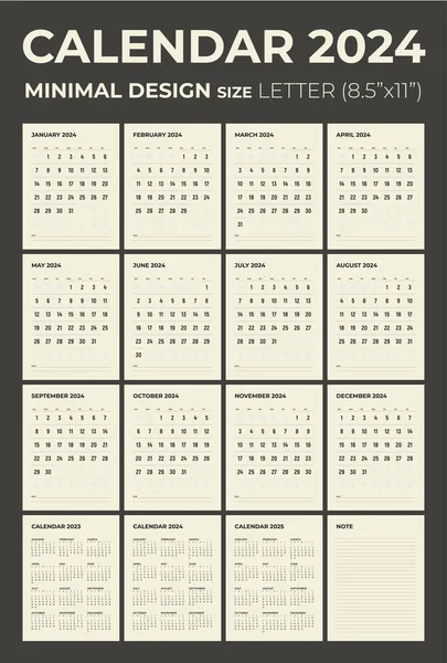 Calendario Mensile Moderno Nota 2024 Settimana Inizia Domenica Calendario Stile — Vettoriale Stock