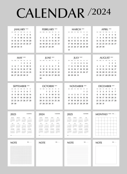 Календар 2024 Планувальник Нотатка Мінімальний Дизайн Тиждень Починається Неділя Шаблон — стоковий вектор