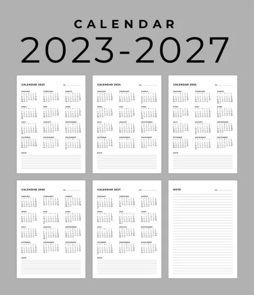 Calendario Mensile Moderno Nota 2023 2024 2025 2026 Settimana Inizia — Vettoriale Stock