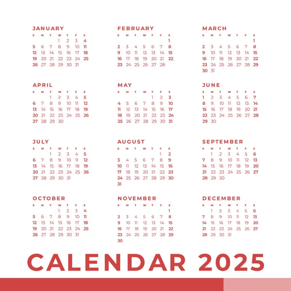 Простий Календар 2025 Тиждень Починається Неділя Шаблон — стоковий вектор