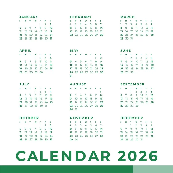Простий Календар 2026 Тиждень Починається Неділя Шаблон — стоковий вектор