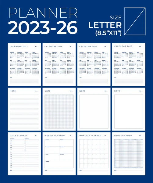 Planlayıcı 2023, 2024, 2025, 2026, Portre, Asgari Masa Tasarımı, Hafta başlangıcı Pazar şablonu.