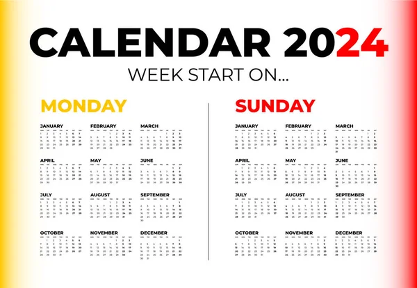 Beyaz arkaplanda 2024 için vektör takvimi. Hafta Pazartesi ve Pazar başlıyor