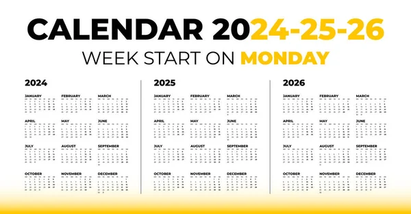 2024, 2025, 2026 yılı için vektör takvimi. Hafta Pazartesi başlıyor.