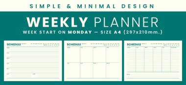 Haftalık planlayıcı şablonu basit ve minimal tasarım, haftaya pazartesi başla, boyutu A4