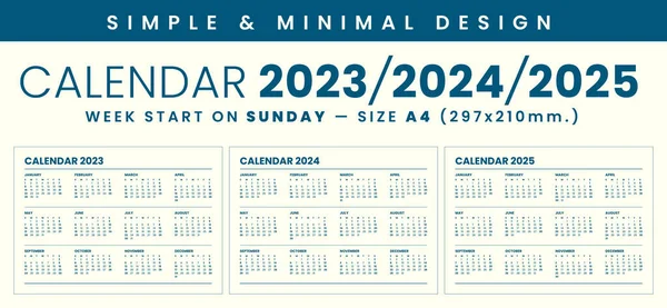 Takvim 2023, 2024, 2025 basit ve minimal tasarım, Pazar günü başla, boyut A4