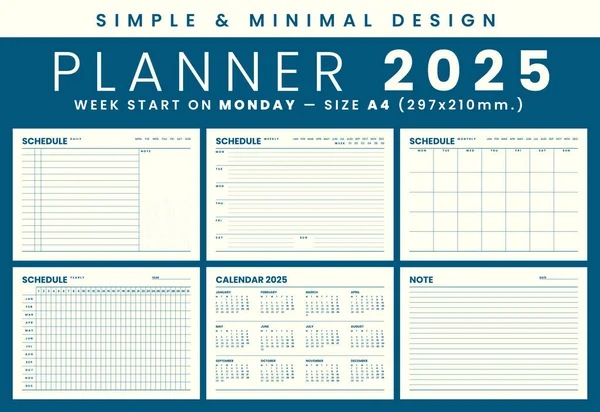 2025 Planlayıcı basit ve minimal tasarım şablonu, Pazartesi hafta başında başla, boyut A4