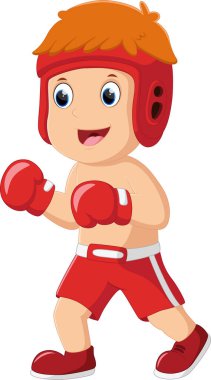 Çizgi filmin Vektör İllüstrasyonu Mutlu küçük çocuk boks antrenmanı