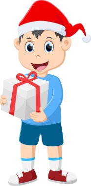 Çizgi film kahramanı mutlu çocuk hediye kutusunu tutuyor.