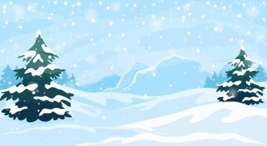 Kar tanelerinin gökyüzünden yağdığı kış manzarasının vektör çizimi. Soğuk havanın Noel manzarası