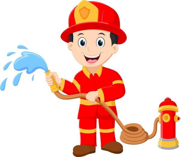 Vector Illustration of Cartoon Firefighter pours from a fire hose