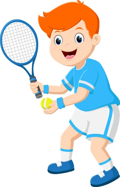 Vector Illustration Dari Cartoon Cute Anak Laki Laki Bermain Tenis - Stok Vektor