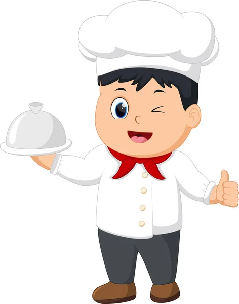 Vector Illustration Cartoon Kid Chef Holding Silver Platter — Stock Vector