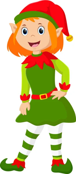 Çizgi filmin Vektör İllüstrasyonu Şirin Yeşil Noel elfi pozu