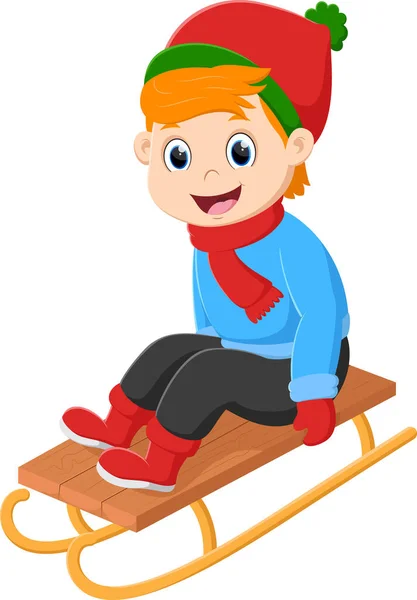 Vektor Illustration Von Happy Cartoon Kleiner Junge Beim Schlittenfahren — Stockvektor