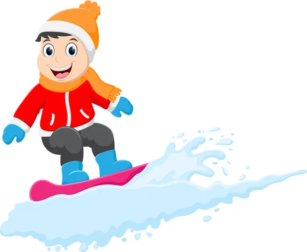 Vector Illustration Von Cartoon Glückliche Kinder Spielen Winter Snowboard — Stockvektor