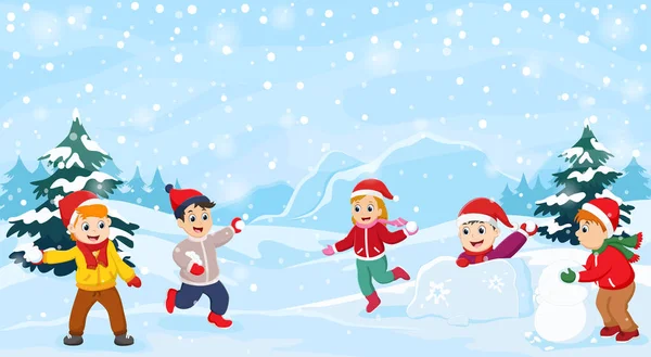 Διάνυσμα Εικονογράφηση Ομάδας Παιδιών Που Παίζουν Μαζί Χειμώνα — Διανυσματικό Αρχείο