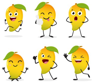 Beyaz üzerinde izole edilmiş egzotik meyve karakteri Sevimli Mango karikatür setinin vektör çizimi