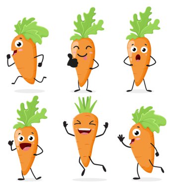 Beyaz arkaplanda çeşitli şirin ifadelere sahip çizgi film karakterlerinin vektör çizimi