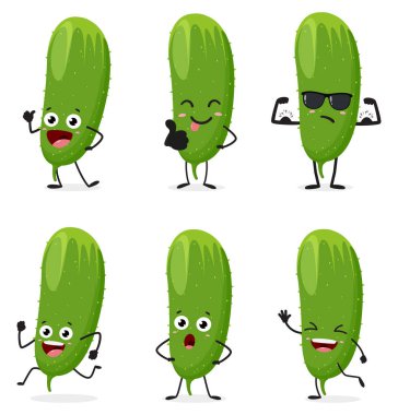 Yeşil Salatalık Sebze Çizgi Film Karakterlerinin Vektör İllüstrasyonu