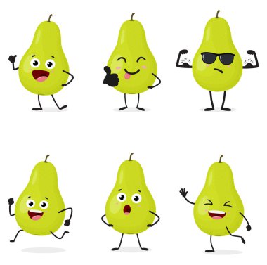 Karikatür Armudu Vektör İllüstrasyonu, Beyaz üzerine izole tatlı meyve karakter seti