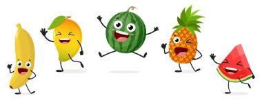Mutlu karpuz, ananas, mango, muz meyveli çizgi film karakterlerinin vektör çizimi