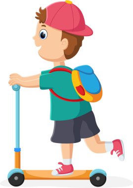 Çizgi film kahramanı mutlu çocuğun scooter sürüşü.