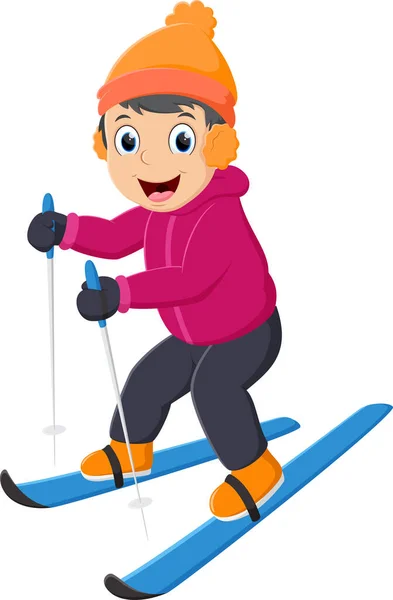 Illustrazione Vettoriale Cartoon Happy Boy Sciare Discesa — Vettoriale Stock