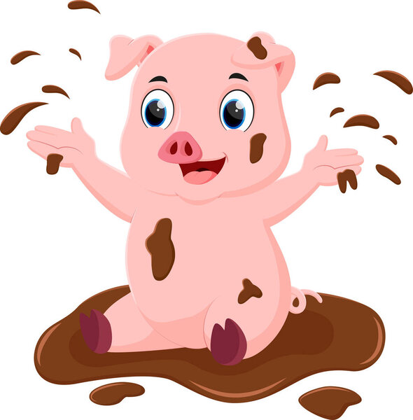 Векторная иллюстрация мультфильма "Симпатичный пиг, играющий грязью"