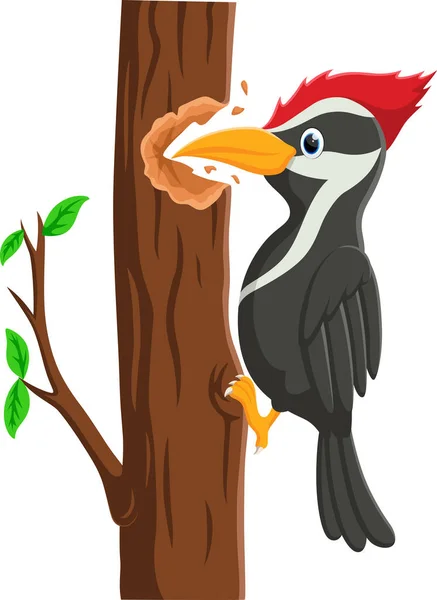 Wektor Ilustracja Kreskówki Cute Dzięcioł Ptak Drzewie — Wektor stockowy