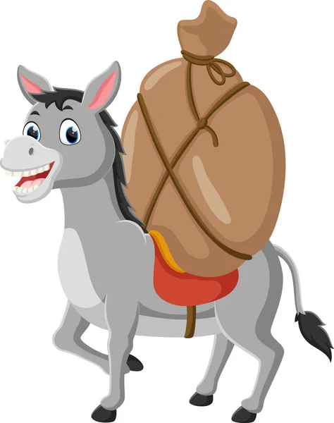 Vector Illustration Cartoon Donkey Carries Heavy Big Bag — Stock Vector