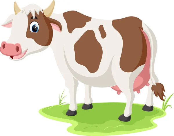 Vector Ilustración Vaca Dibujos Animados Pie Sobre Hierba Verde — Vector de stock