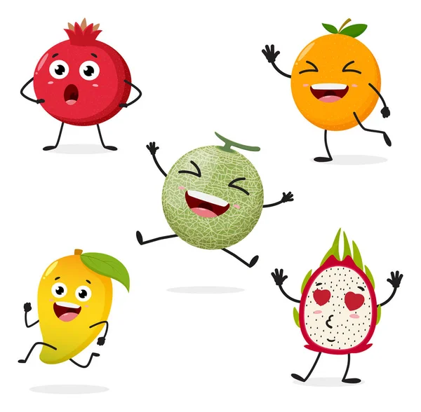 Vektor Illustration Der Niedlichen Cantaloupe Orange Mango Drachenfrucht Granatapfelfrucht Cartoonfiguren — Stockvektor