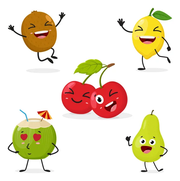 Ilustração Vetorial Coco Bonito Pêra Limão Kiwi Frutas Cereja Personagens — Vetor de Stock