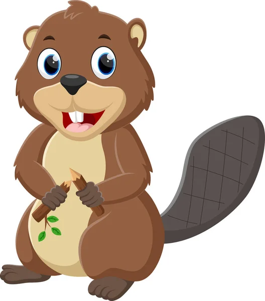 Vector Illustration Cartoon Cute Beaver Holding Piece Wood — Stock Vector