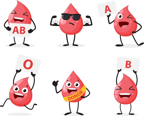 Vector Illustration Happy Healthy Smiling Blood Drop Cartoon Character Set — Stock Vector