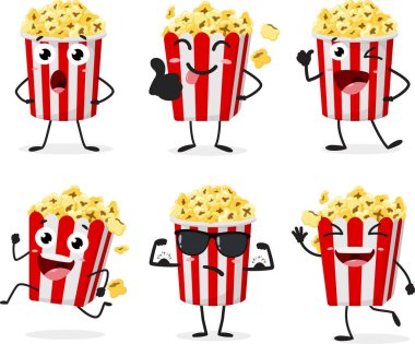 Çizgi film patlamış mısırının vektör çizimi, beyaz arka planda izole edilmiş şirin karakterler.