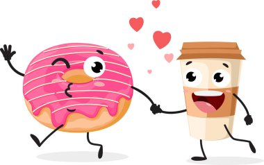Çizgi film donutları ve kahvenin vektör illüstrasyonu, beyaz arka planda izole edilmiş şirin karakterler.