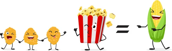 Vector Illustration Cartoon Corn Products Popcorn Corn Flakes Set Cute — Stock Vector