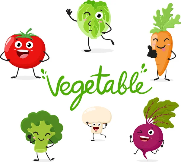 Ilustração Vetorial Desenhos Animados Engraçado Vegetais Tomate Cenoura Brócolis Beterraba — Vetor de Stock