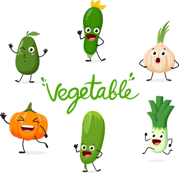 Vector Ilustração Dos Desenhos Animados Engraçado Vegetais Abacate Abobrinha Pepino — Vetor de Stock