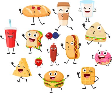 Çizgi filmin vektör illüstrasyonu komik yemek, tost, kahve fincanı, burger, sosis, süt, sosisli sandviç, çörek ve meyveler, beyaz arka planda izole edilmiş şirin karakterler.